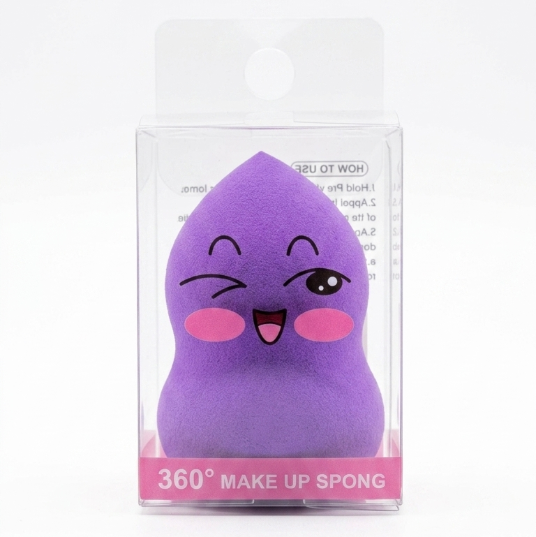 Beauty Blender kawaii morada con diseño de carita sonriente para aplicar maquillaje líquido y en crema.