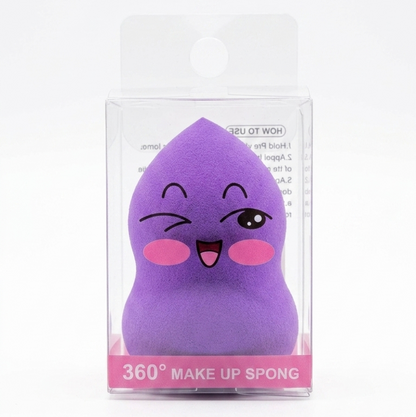 Beauty Blender kawaii morada con diseño de carita sonriente para aplicar maquillaje líquido y en crema.