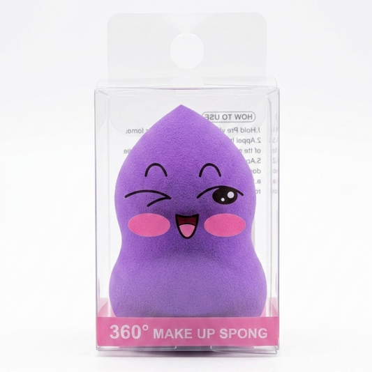 Beauty Blender kawaii morada con diseño de carita sonriente para aplicar maquillaje líquido y en crema.