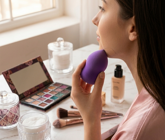 Beauty Blender kawaii morada con diseño de carita sonriente para aplicar maquillaje líquido y en crema.