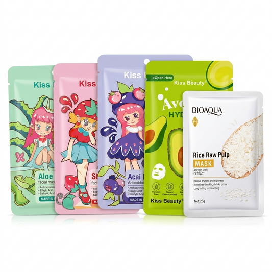 Set de cuatro mascarillas faciales hidratantes para rutina de skincare disponible en Lucky Day Perú.
